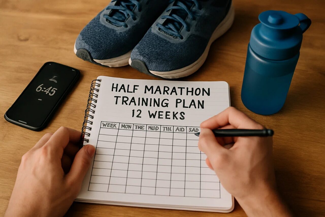 Kompletny plan treningowy na półmaraton dla początkujących w 12 tygodni. Porady sprzętowe, mentalne i żywieniowe oraz najczęstsze błędy.