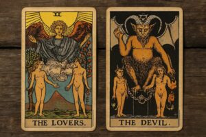 Kombinacja Zakochani i Diabeł Tarot &ndash; interpretacja w miłości i relacjach. Sprawdź, jakie pułapki pokazują te karty, co oznaczają toksyczne związki i zależności.