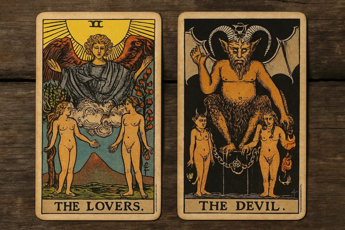 Kombinacja Zakochani i Diabeł Tarot – interpretacja w miłości i relacjach. Sprawdź, jakie pułapki pokazują te karty, co oznaczają toksyczne związki i zależności.
