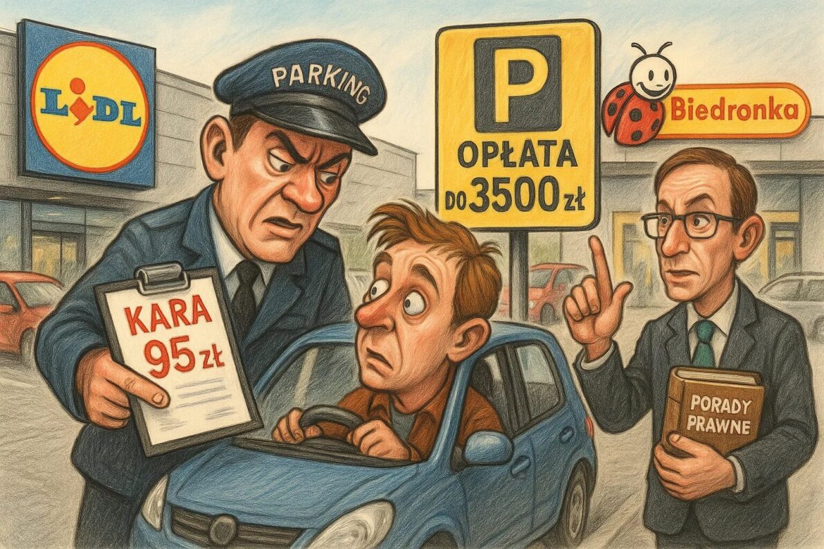 Sieci sklepów (Lidl, Biedronka) zaostrzają kontrolę parkingów. Brak biletu to 95 zł kary. Nowy system w Biedronce wprowadza opłaty do 3500 zł. Porady prawnika.