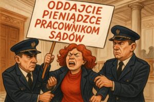Aktywistka z transparentem "Oddajcie pieniądze pracownikom sąd&oacute;w" została wyprowadzona przez Straż Marszałkowską z galerii Sejmu (5.12.2025). Protest dotyczył cięć 95 mln zł.