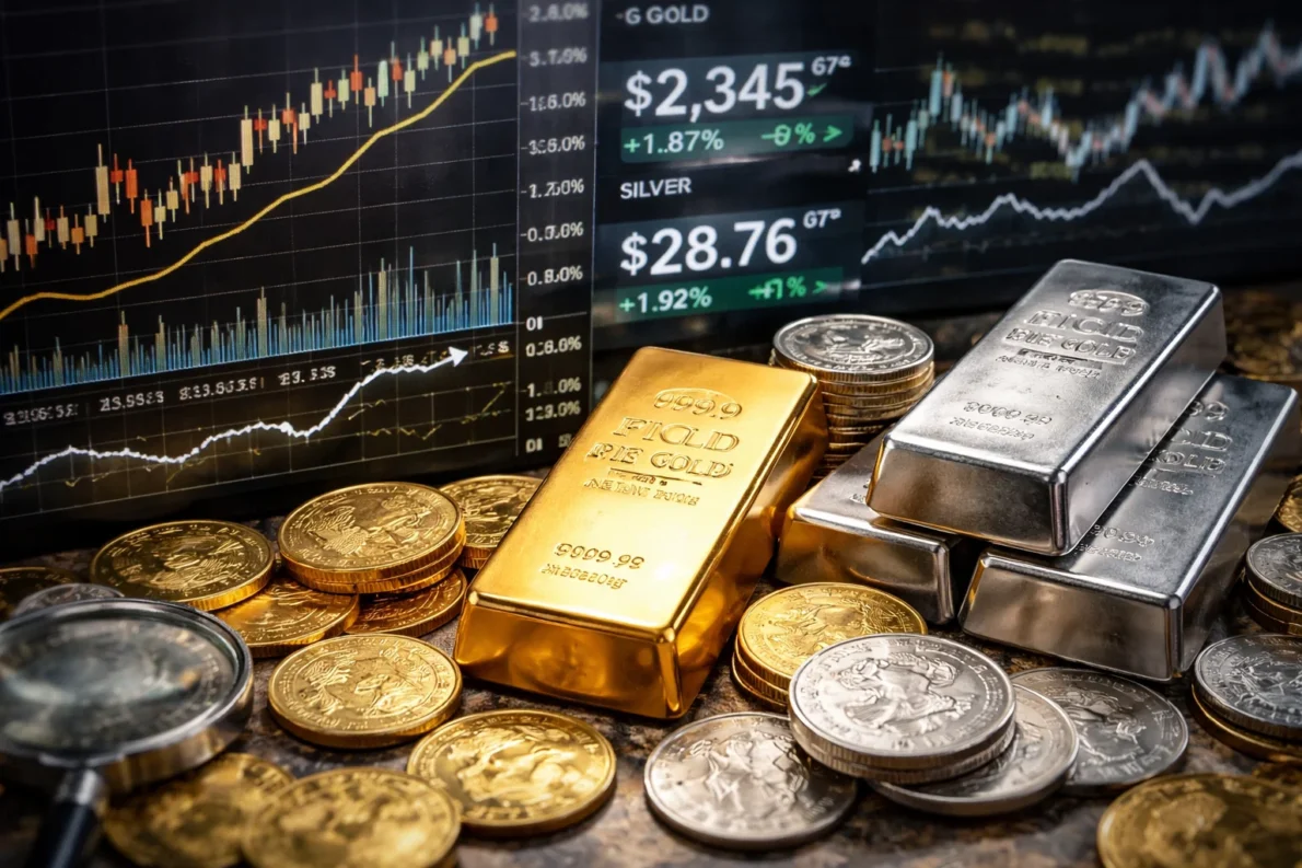 Aktualna cena złota i srebra na 12.02.2026: złoto powyżej 5000 USD/oz, srebro ok. 82–85 USD/oz, kurs metali i praktyczne wskazówki inwestycyjne.
