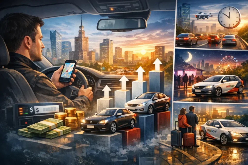 Ile można zarobić jako kierowca FreeNow w 2026 roku? Sprawdź realne zarobki kierowców taxi w Polsce, ile wynosi dochód miesięczny, jakie są koszty auta i jak zwiększyć zyski w aplikacji FreeNow.