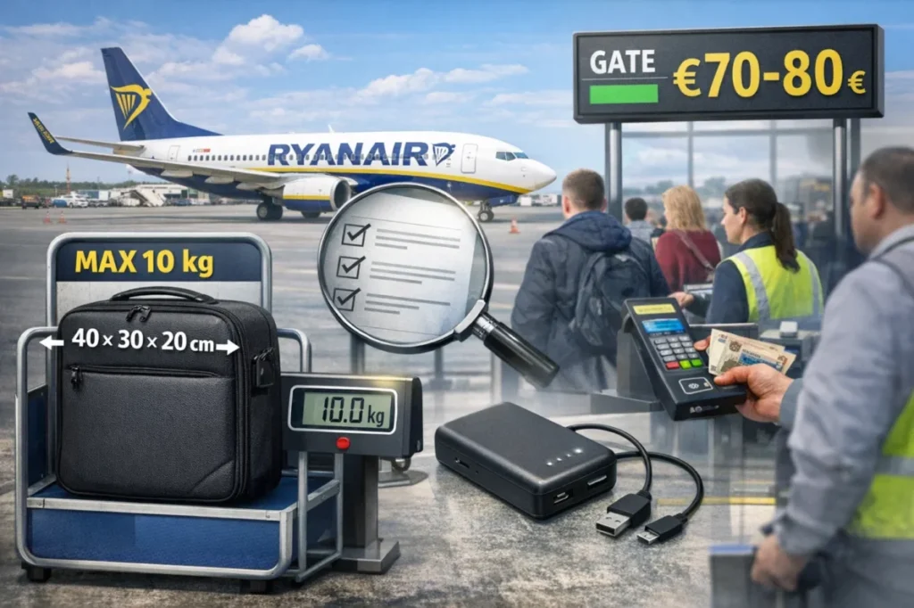 Czy Ryanair zmienił zasady bagażu w 2026? Limit 40×30×20 cm, walizka 10 kg, powerbank tylko w kabinie i opłaty do 70–80 € przy gate. Sprawdź, co naprawdę obowiązuje.