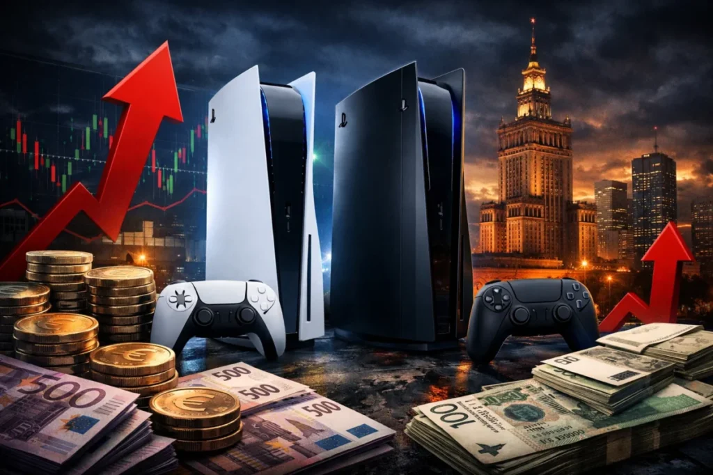 Podwyżka cen Sony PlayStation 2026 zmienia zasady gry na rynku konsol. Od 2 kwietnia standardowa PS5 kosztuje 649,99 € (ok. 2800 zł), wersja Digital 599,99 €, a PS5 Pro aż 899,99 € (ok. 3860 zł). To już trzecia podwyżka w jednej generacji – zjawisko bez precedensu w historii konsol.
Za decyzją stoją rosnące koszty pamięci, presja rynku AI oraz zmiana strategii Sony w kierunku segmentu premium. Dla graczy oznacza to jedno: wyższy próg wejścia i bardziej świadome decyzje zakupowe.