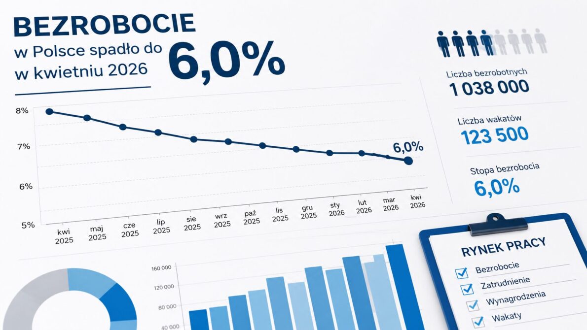 Bezrobocie w Polsce spadło do 6,0% w kwietniu 2026. GUS podał nowe dane o rynku pracy, liczbie bezrobotnych, wakatach i sytuacji gospodarczej kraju.